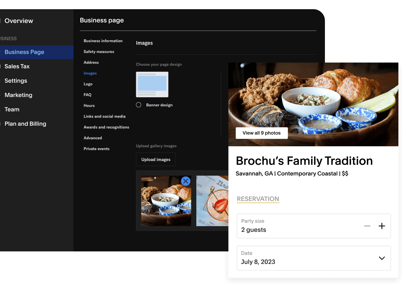 A piece of Tock’s software called, “Business page”. is displayed with images the business has uploaded. Layered above this is an extracted example of how the business page will appear on Tock. The page says, “Brochu’s Family Tradition”.