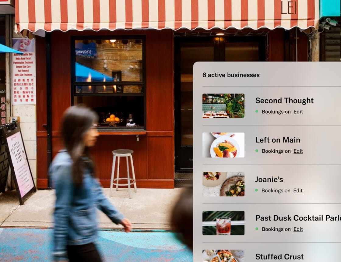 Restaurant outdoor area with available businesses UI overlay