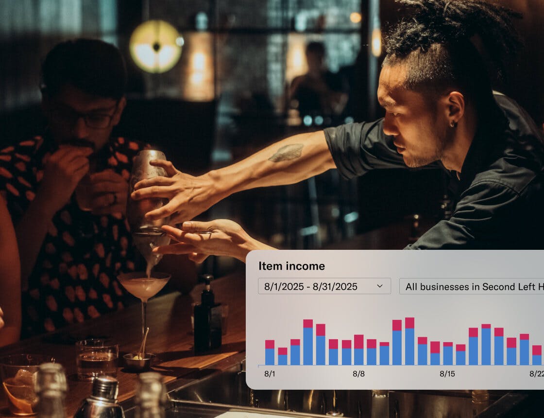 Bar with server puring drinks with a dashboard UI overlay
