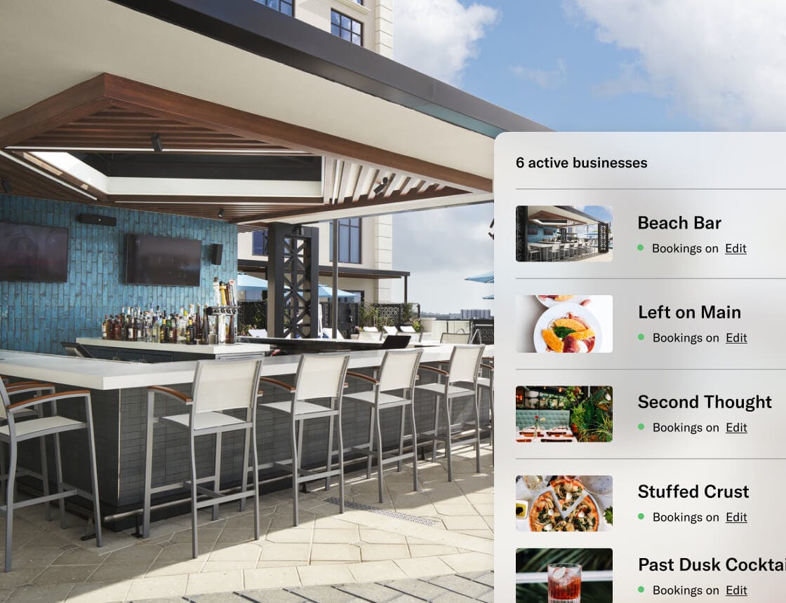 hotel bar outdoor seating area with a dashboard UI overlay
