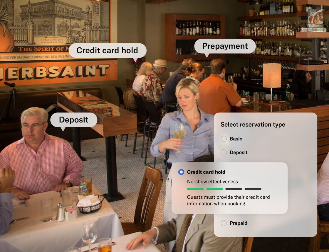 hotel dining area with guests and staff and UI notifications overlay