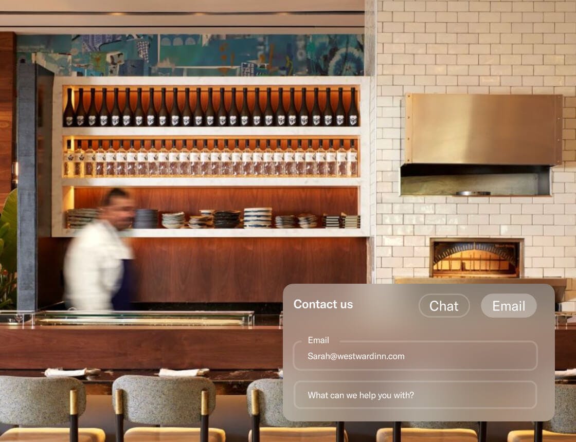 hotel bar room with personalized message UI overlay