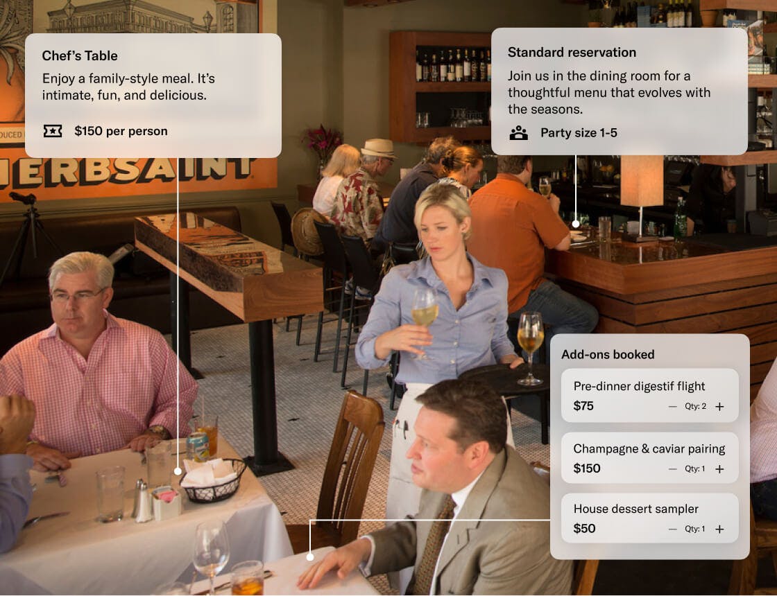 Bar indoor seating area with a dashboard UI overlay