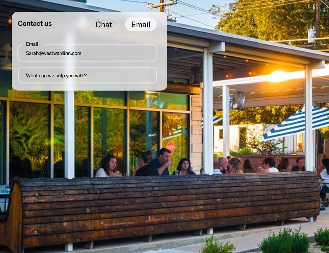 Bar outdoor seating area with a dashboard UI overlay
