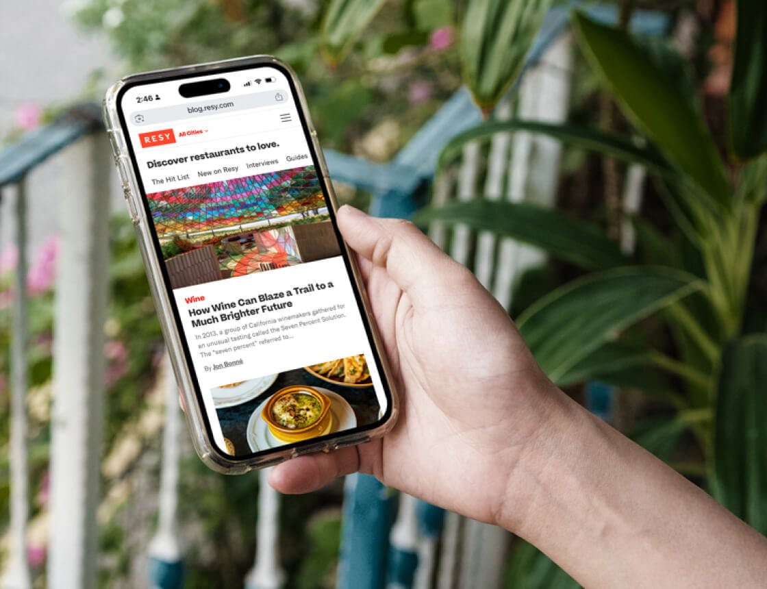 Person holding mobile device searching for restaurants on Resy web app