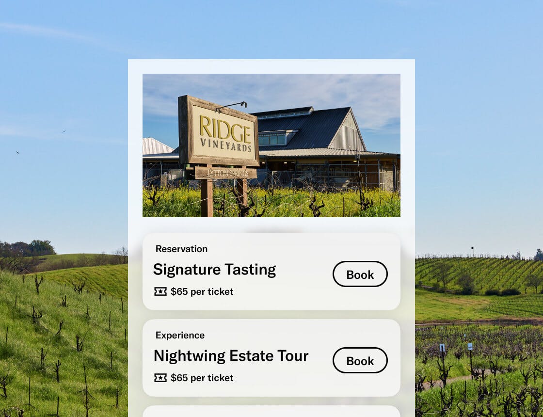 Ridge Vineyards Experience card UI overlayed on a winery vineyard background