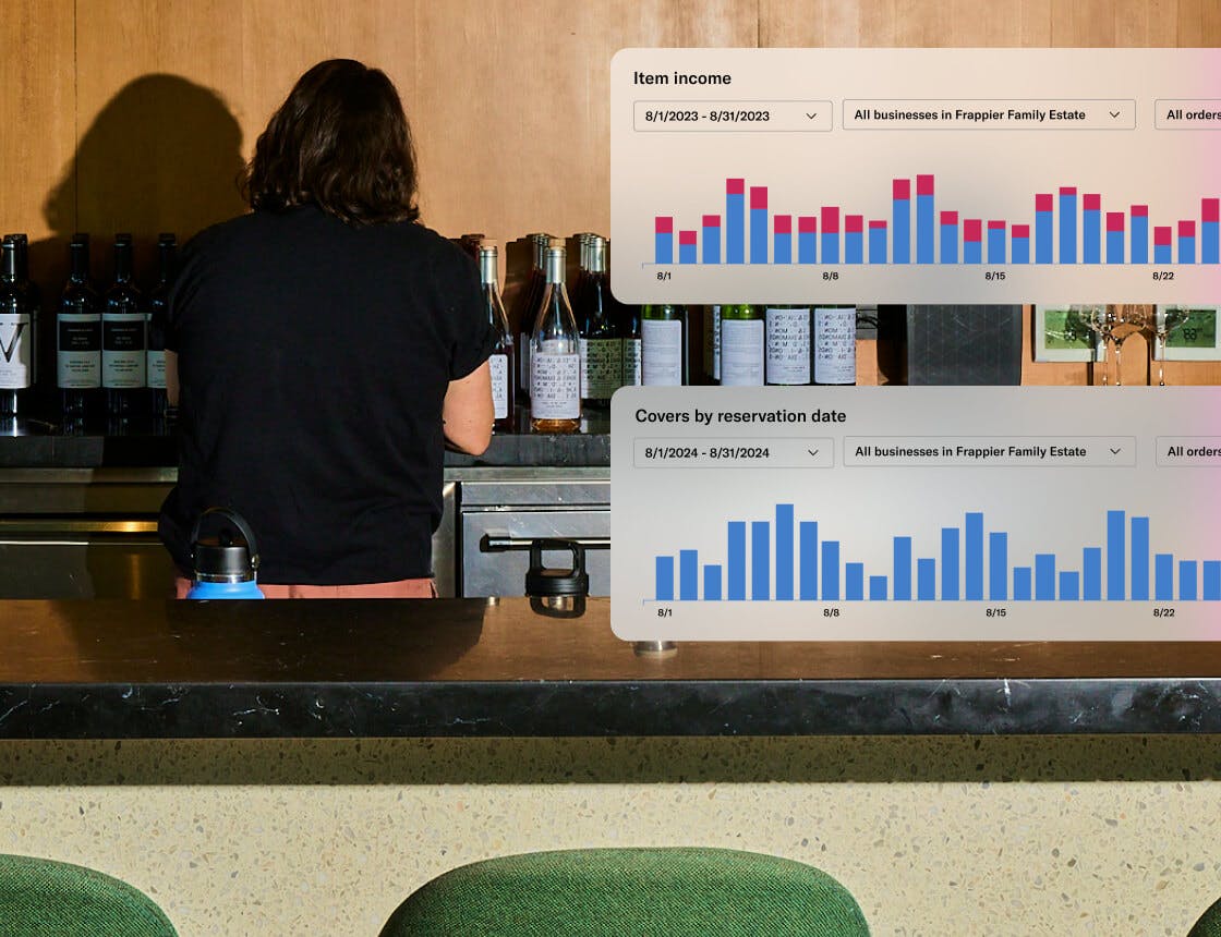 winery bar with server pouring wine with a dashboard UI overlay of item income