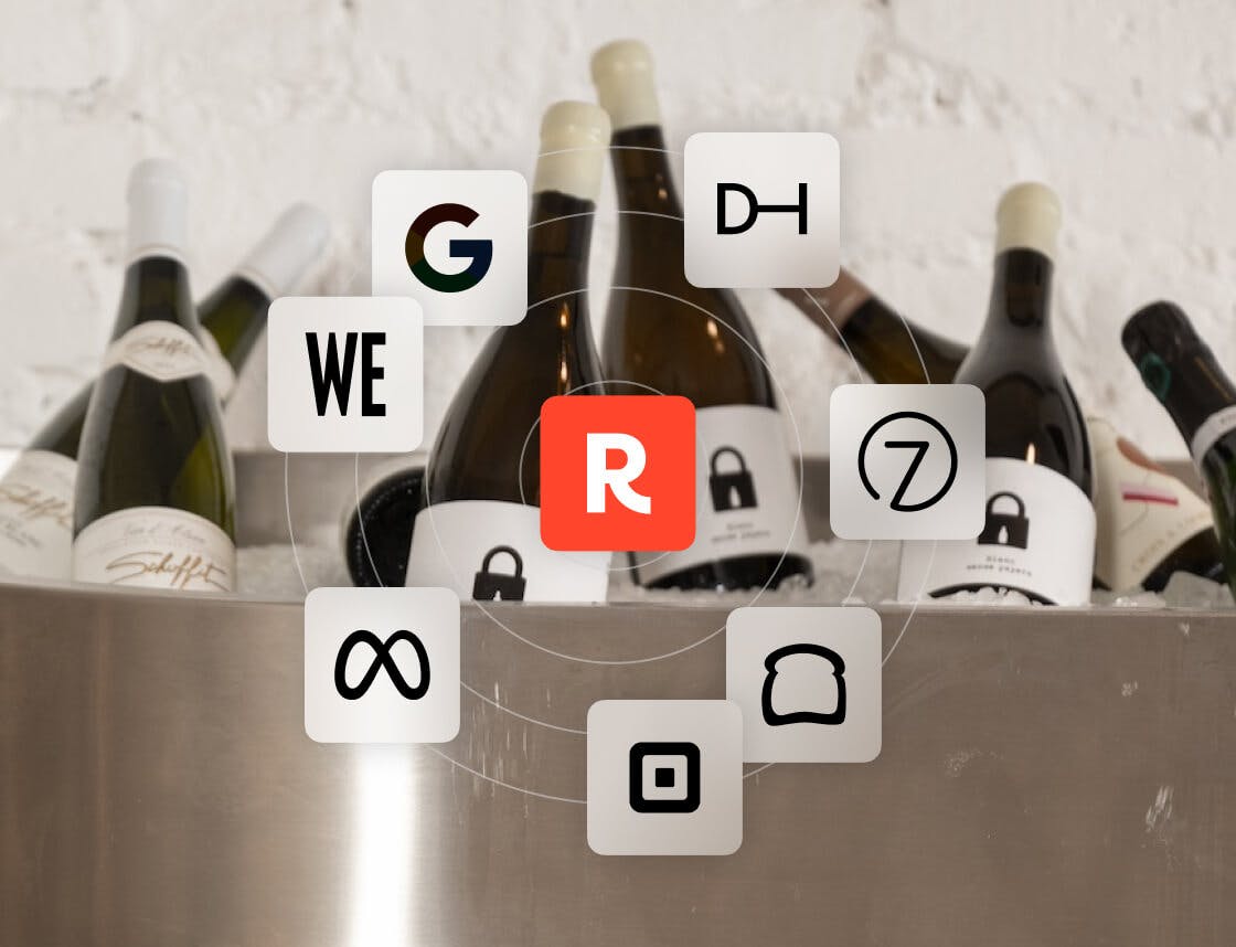 Resy logo surrounded by an orbit of integration logos including Google, Wine Enthusiast, Meta, Square, Toast, Wine Direct and Commerce7 in a grid pattern overlaying a restaurant kitchen background