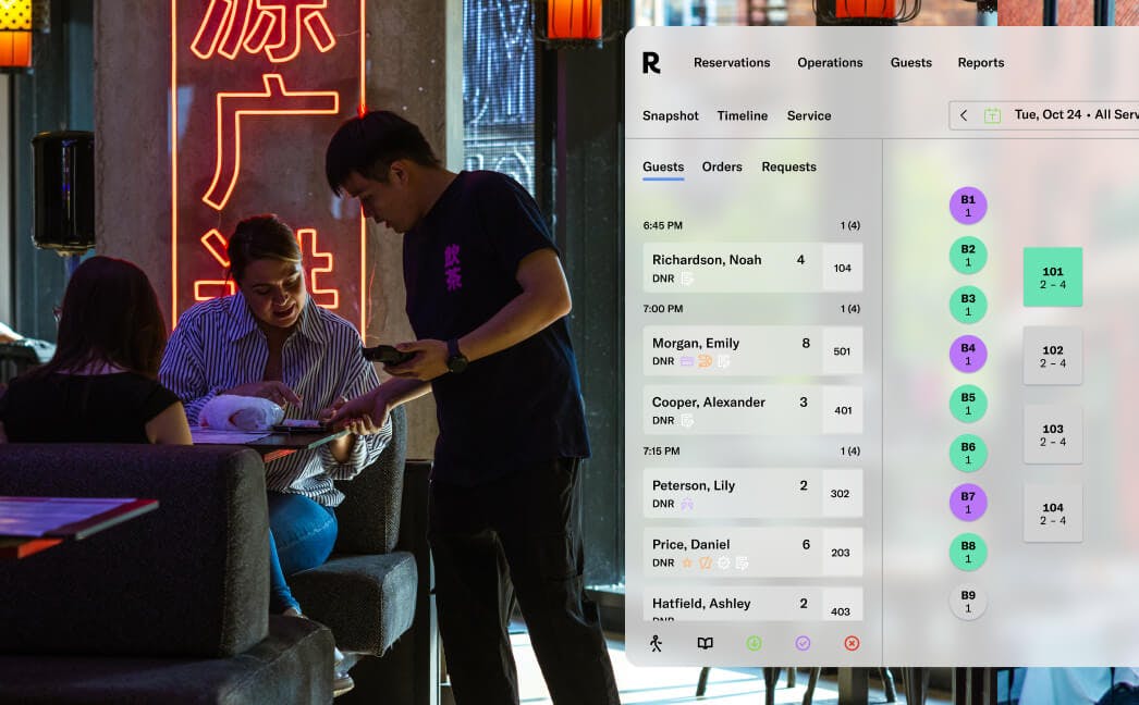 Server delivering food to a table with dashboard UI overlay showing table management and guest profiles