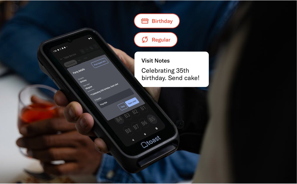 Toast handheld device showing guest notes and tags