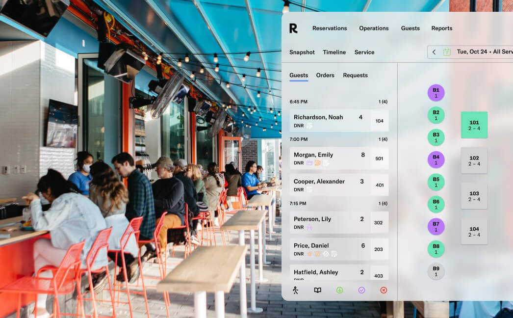 restaurant with dashboard UI overlay