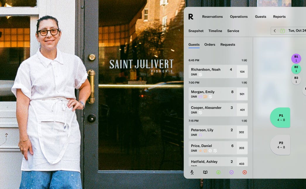 Chef standing in front of Saint Julivert with dashboard UI overlay