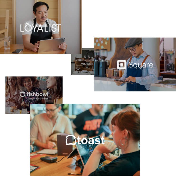 Multiple integration logos—Square, Loyalist, FishBowl CRM for restaurants, Square, Toast, and MICHELIN in a grid pattern