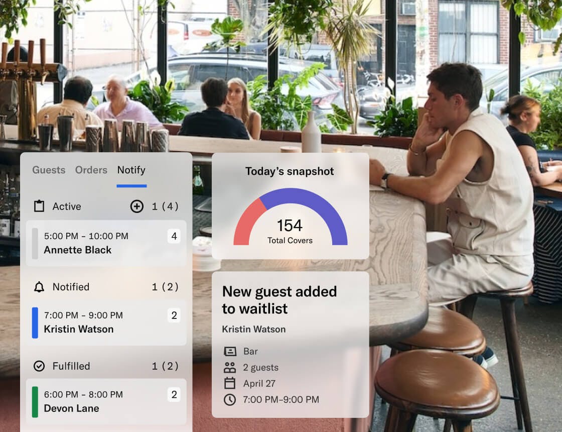 Dashboard UI overlayed on interior restaurant bar area