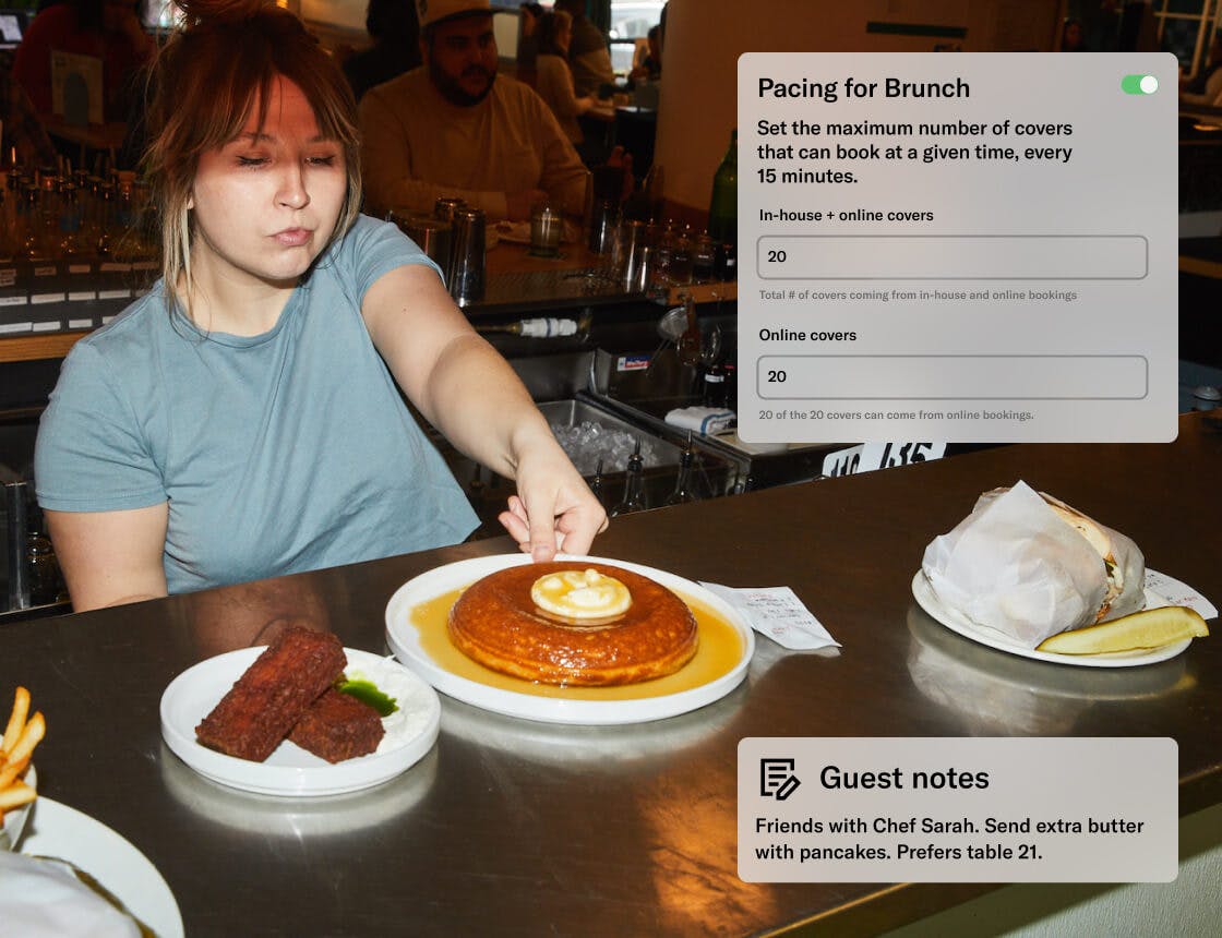 Server placing pankcakes on a pickup station with dashboard UI overlay