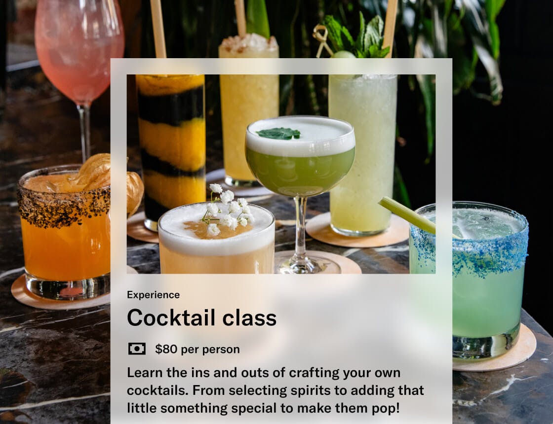 Colorful cocktails with an experience card overlay for a cocktail class