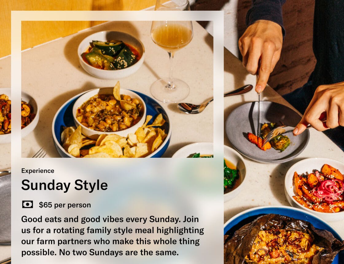 Colorful plated dishes with an experience card overlay for a Sunday Style brunch