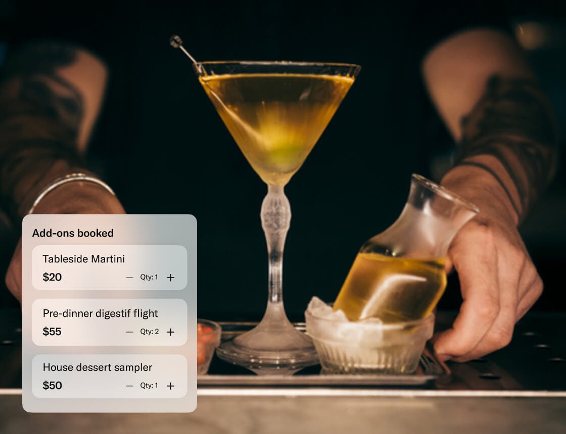 Tableside martini with sidecar with an experience card overlay Add-ons booked