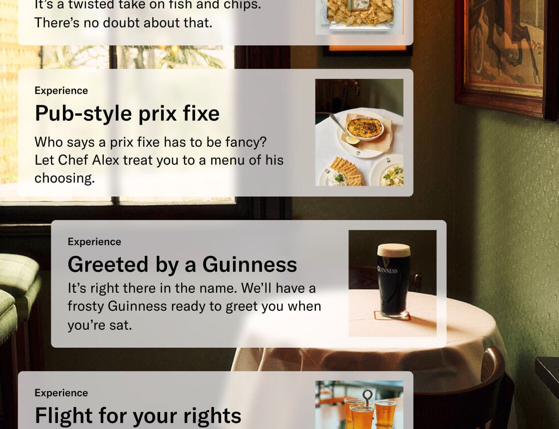 Multiple experience cards overlaying a photo of a restaurant dining room with tables and chairs with a focus on guiness