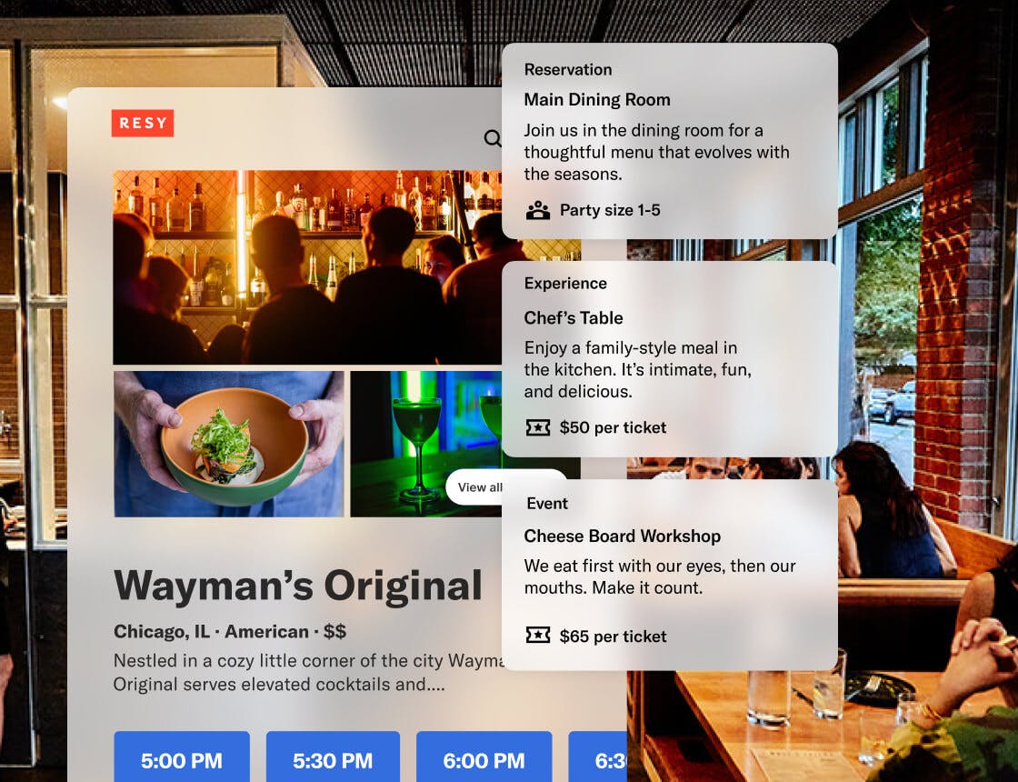 People dining in restaurant interior with a reservation types UI overlay