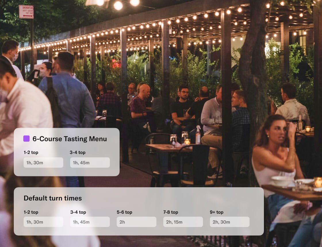 People dining al fresco with a 6-course tasting menu UI overlay