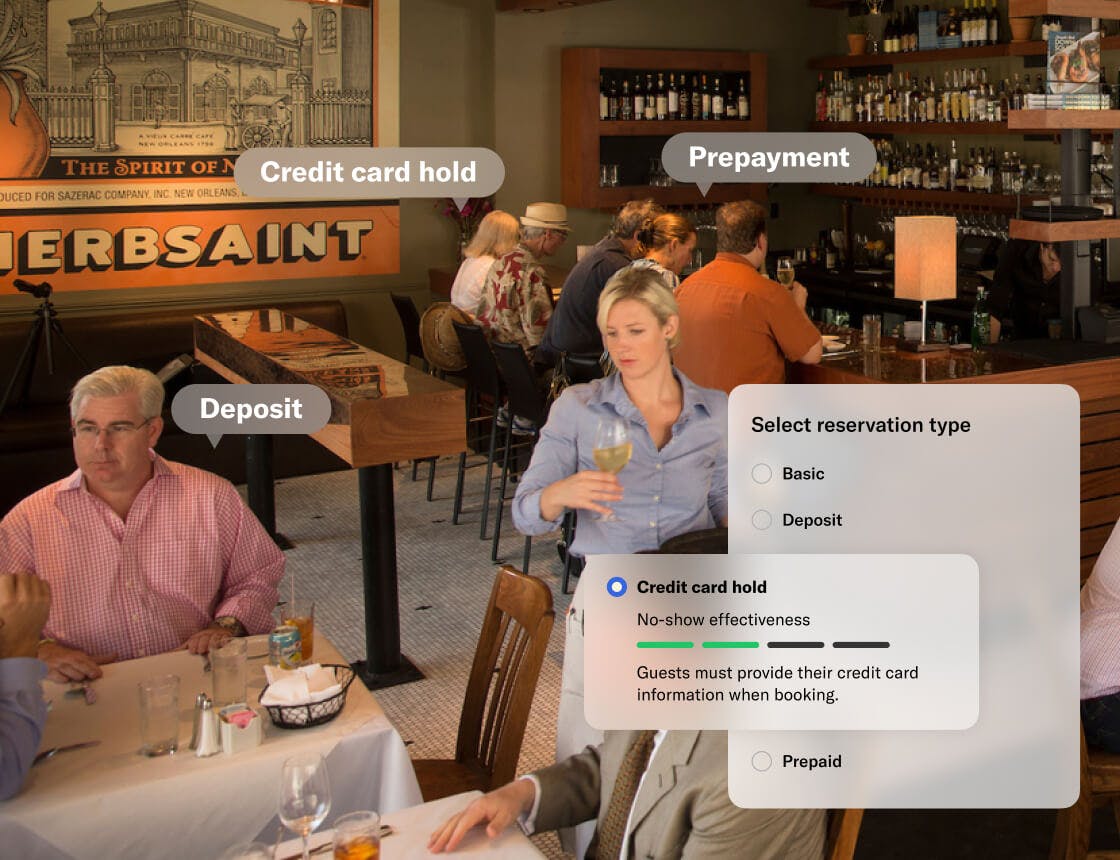 People dining in interior of restaurant with a credit card hold UI overlay