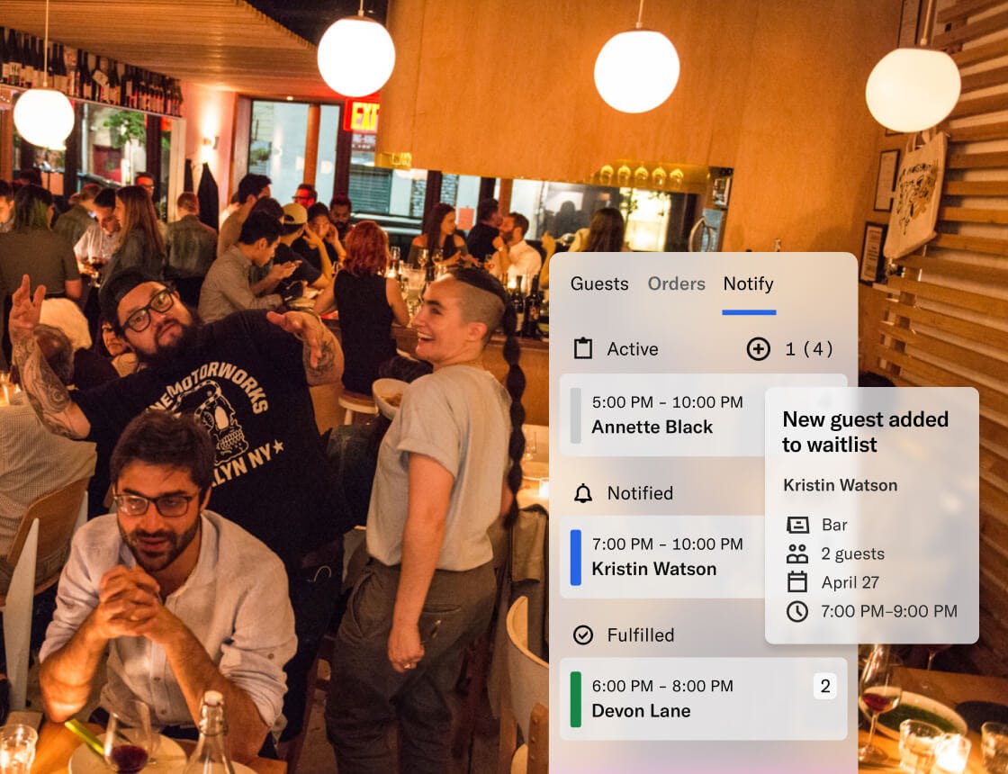 People dining in interior of restaurant with a reservations UI overlay