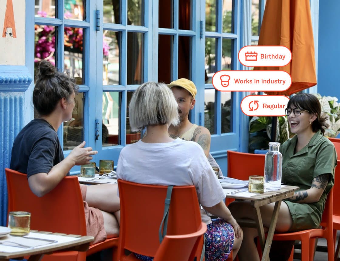 People dining al fresco with a preferences UI overlay
