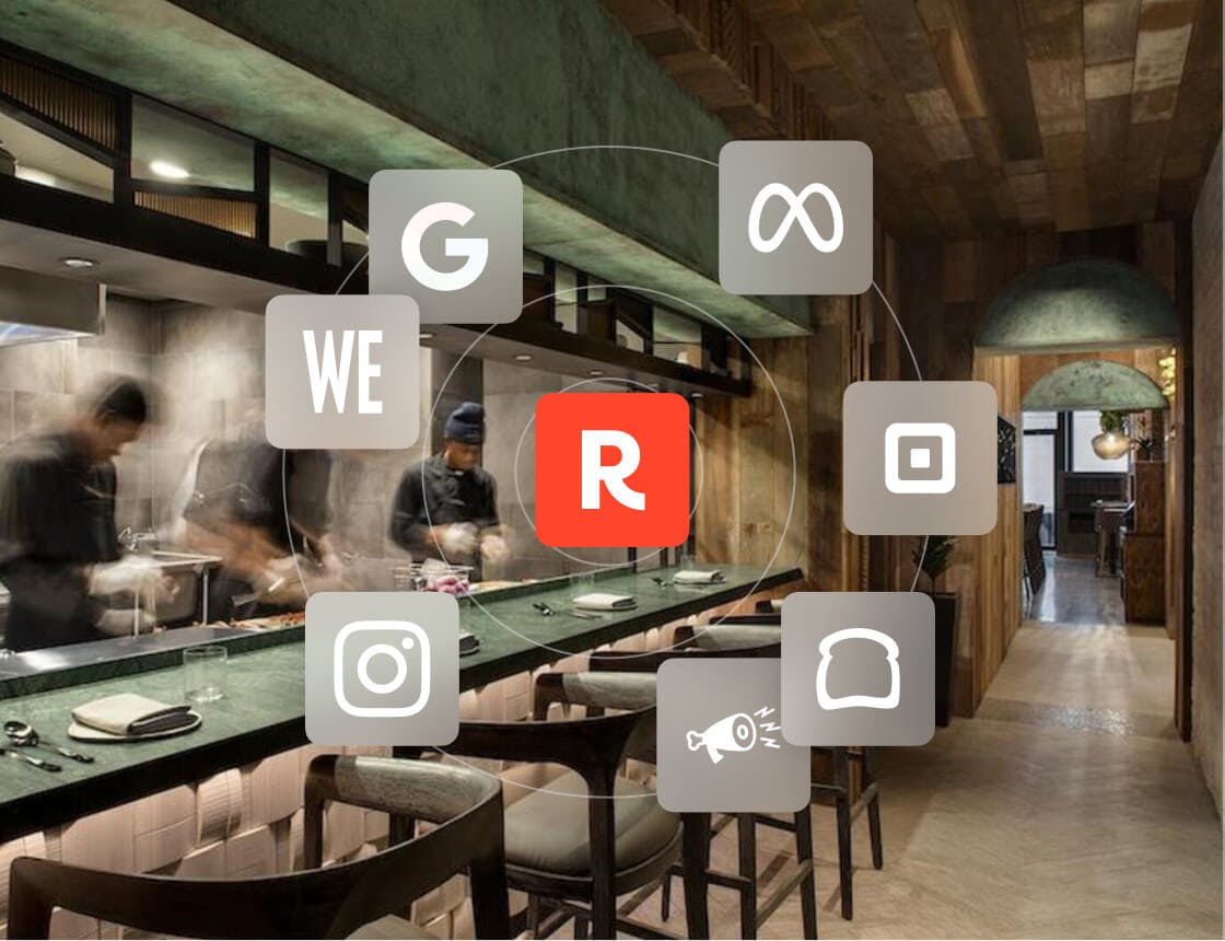 Resy logo surrounded by an orbit of integration logos including Google, Wine Enthusiast, Meta, Square, Toast, Instagram, and The Infatuation in a grid pattern overlaying a restaurant kitchen background