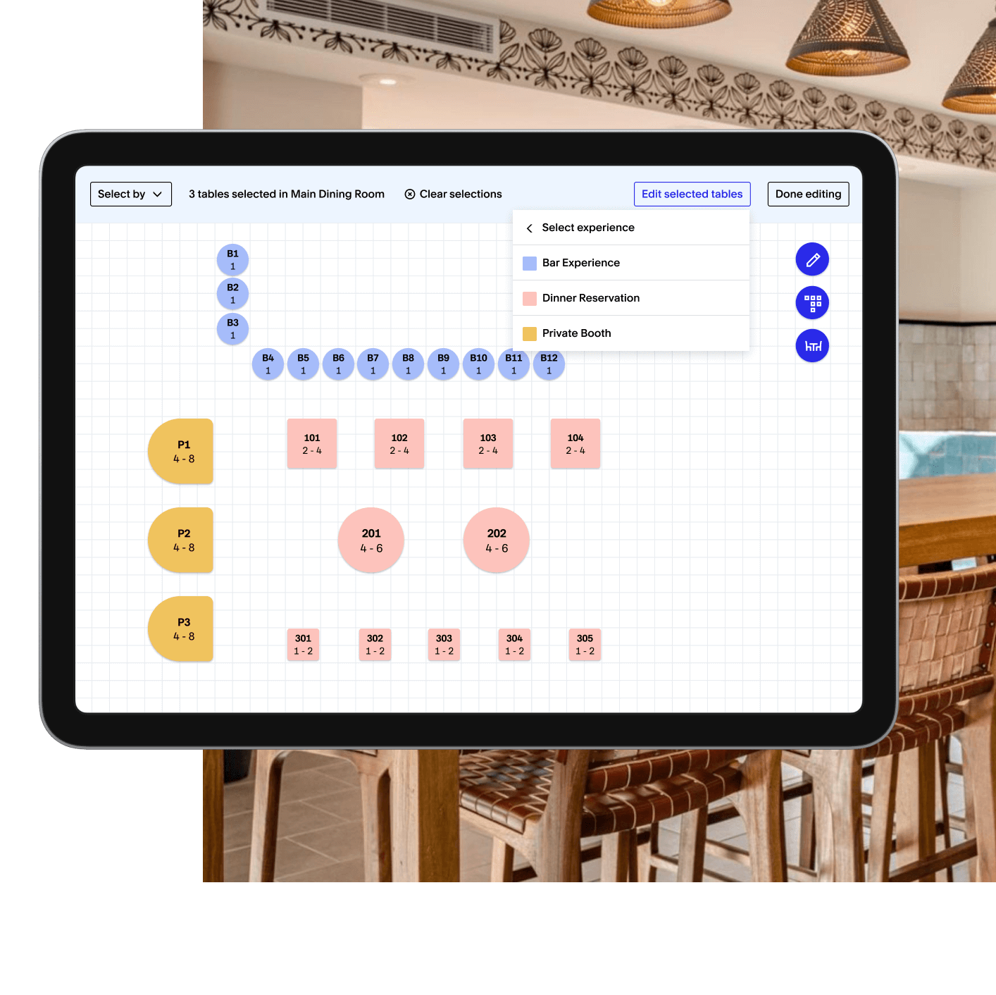 A tablet view showing Tock's floor-plan creation. Layered below it is an image of a long table.