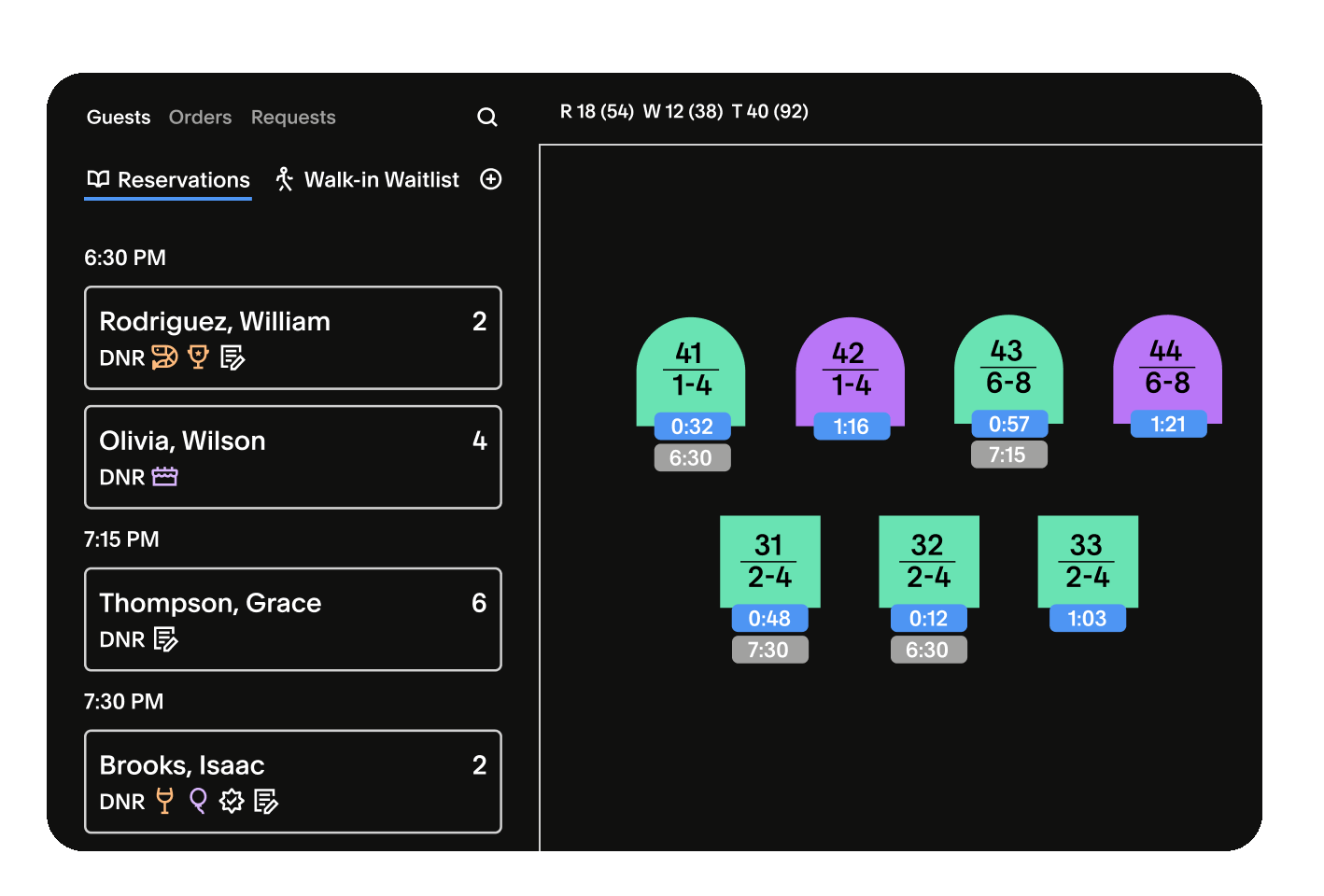 A gif of a restaurant's floor plan in Tock's software represented by blue and purple rounded rectangles and squares. The gif cycles between a list of names on the left for reservations and a list of names for a walk-in waitlist.
