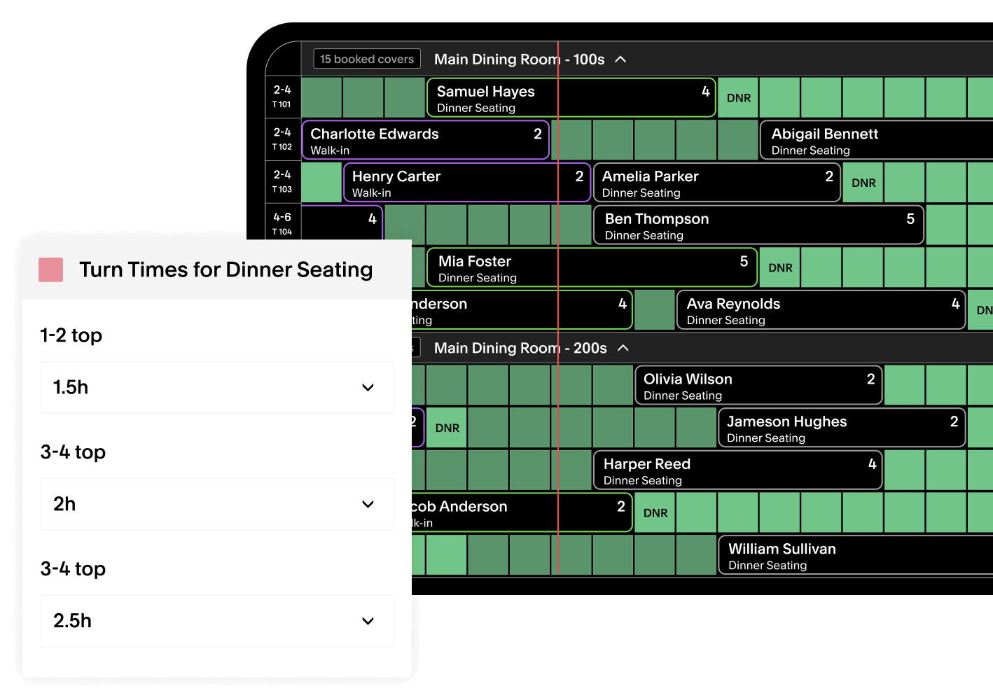 Tock's timeline table management view is layered below extracted ui of table turn time settings.