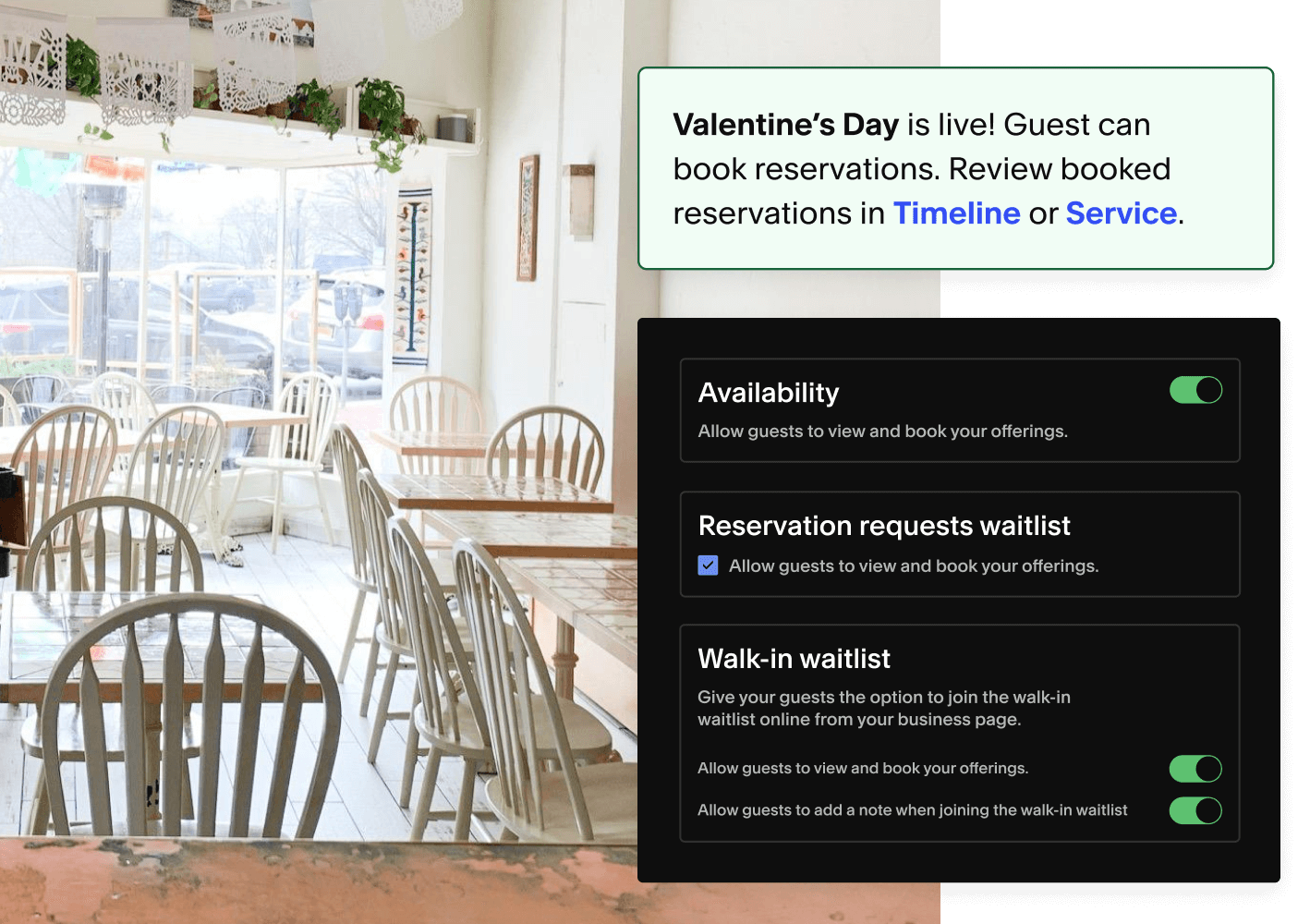An image of a sunny dining room is layered below table management tools from Tock's dashboard.