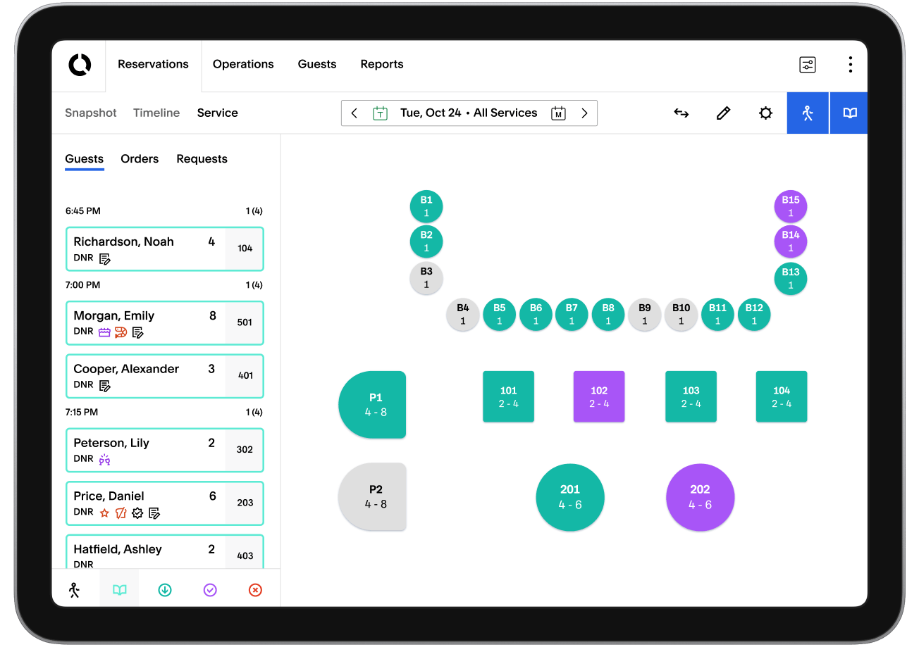 Prominently displayed is a tablet view of a restaurant's floor plan in Tock's software. Blue and Purple rounded rectangles, squares, and circles are used to represent tables. To the left is a list of names for upcoming reservations. Layered below this is an image of a person carrying a tray of fries, and salad. To the upper right is a person in a brown apron holding a bowl with orange-colored food garnished with leafy greens.