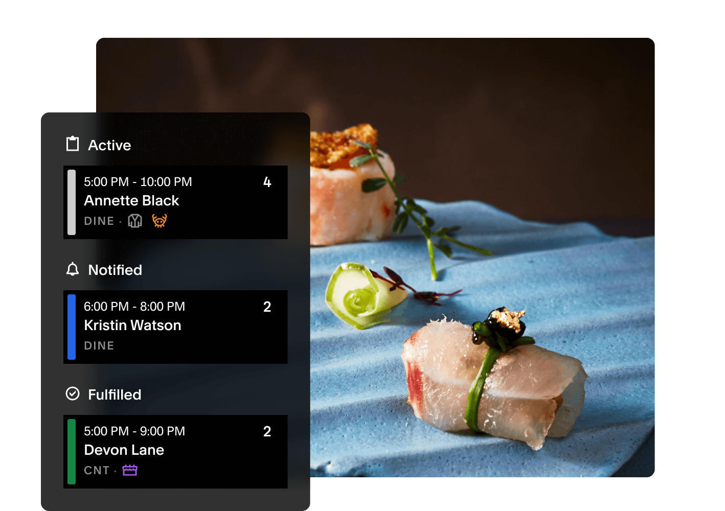 Tock notify UI messages with ornate food plating in the background