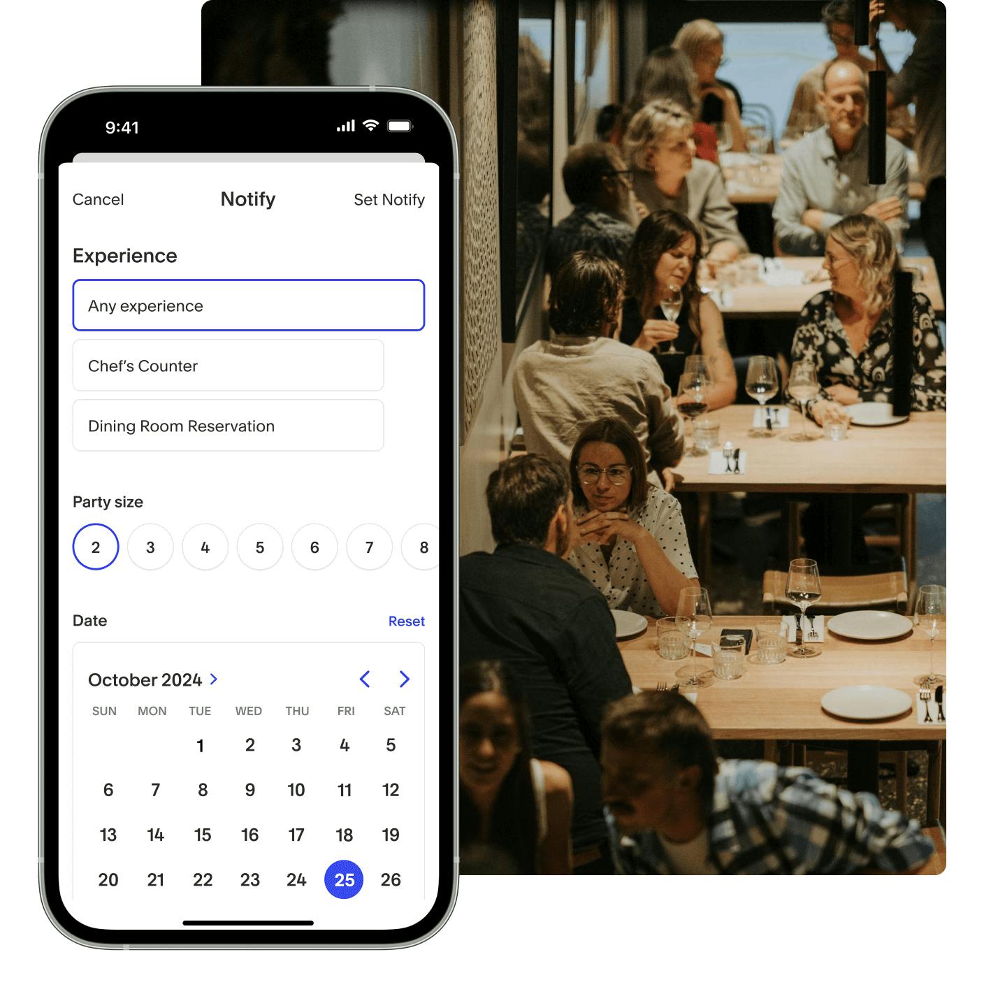 A mobile phone Notify UI application with restaurant diners in the background