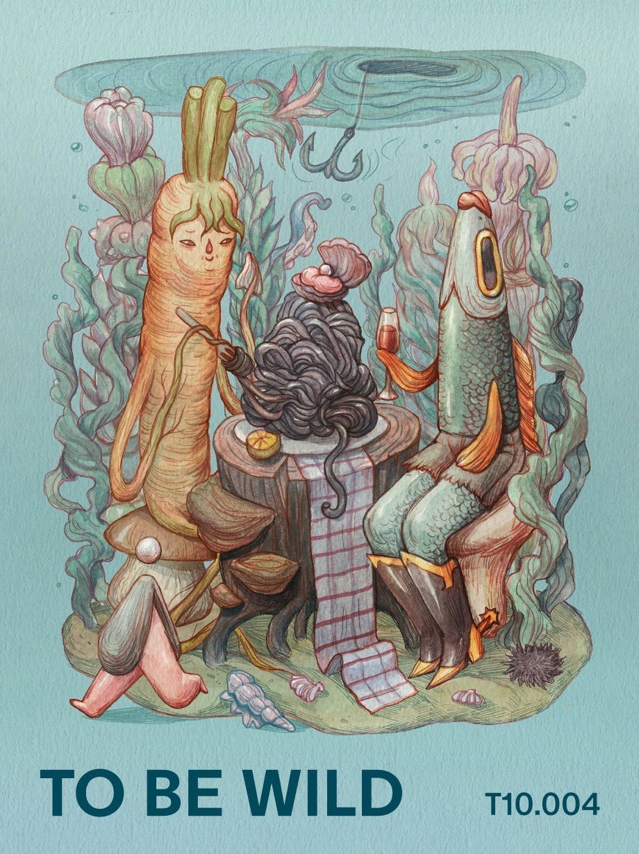 To Be Wild - Tock Ten Poster - illustrated aquatic personified carrot and fish enjoying a meal underwater